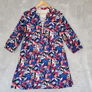 J Crew Dress Womens Large Floral Butterfly Print Elastic Waist Blue Pink Busy